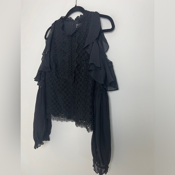 AMUR Pandora Black Lace Chiffon Cutout Shoulder Whimsygoth Victorian Blouse Sz M - Picture 5 of 14